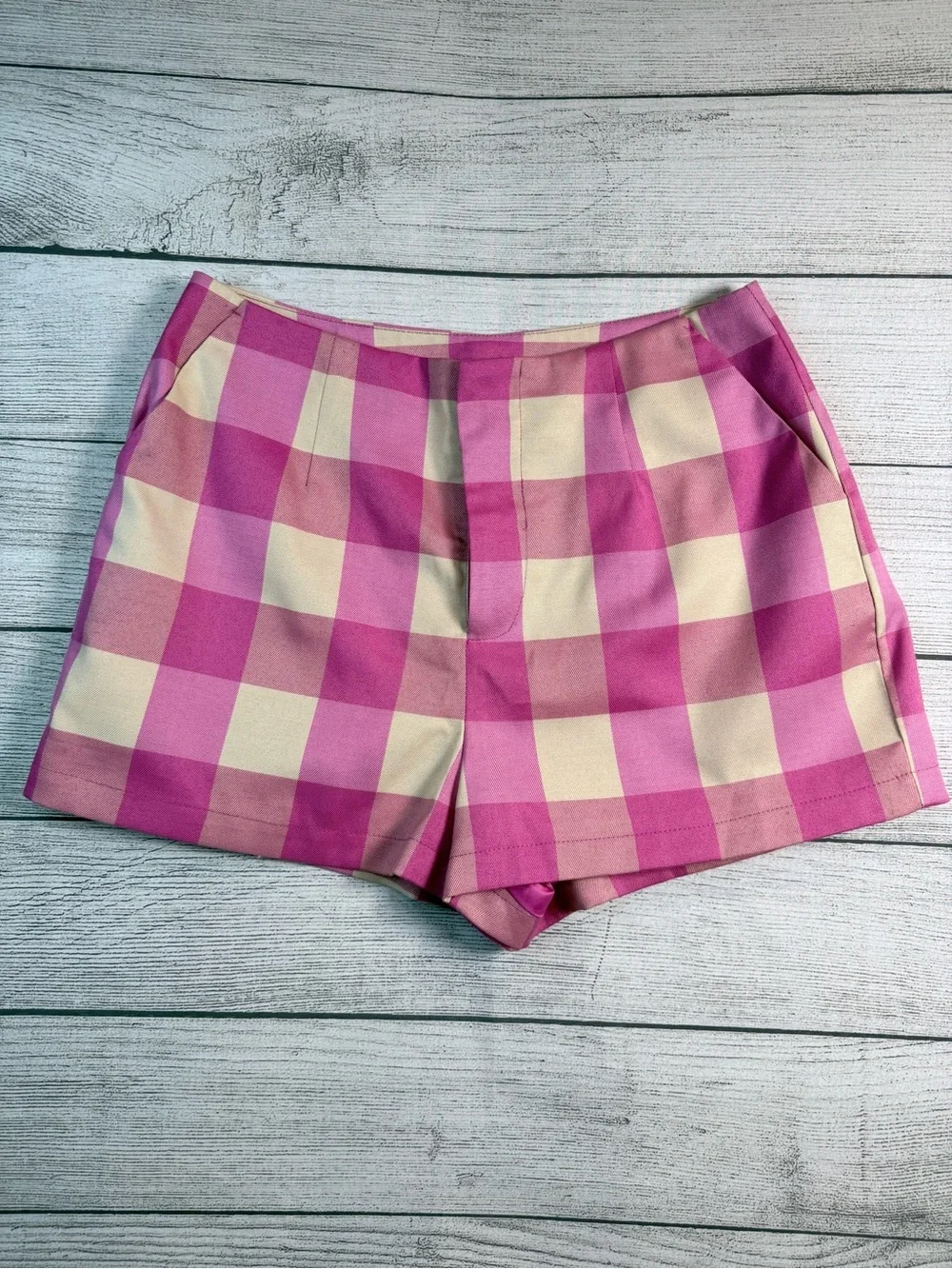 Avec Les Filles Pink and Cream Plaid High-Waist Shorts